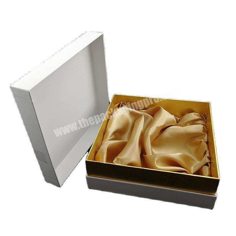 Custom White Square Cardboard Lid And Base Two Piece Shoulder Paper Gift Box with Gold Border Satin Insert