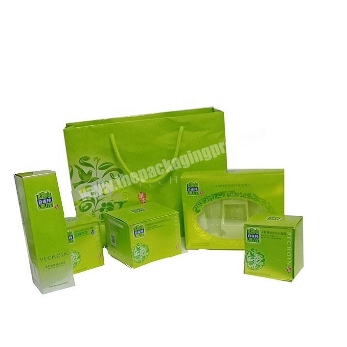 customised green paper cosmetic set packing glossy coated paper eye shadow box bag