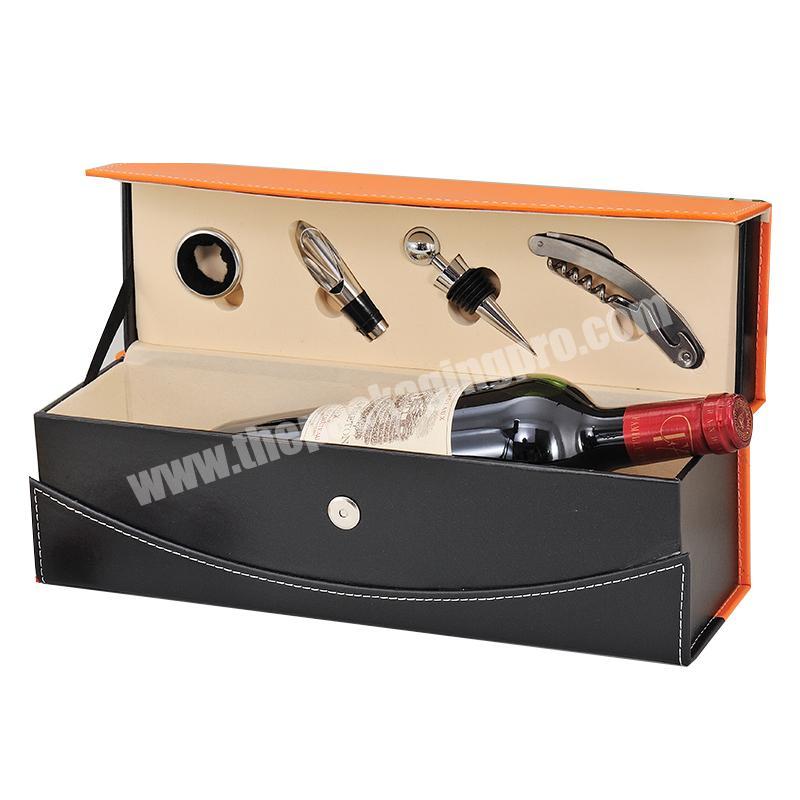 customize orange pu leather custom wine luxuery gift bottle packaging box single classical design single  box for wine
