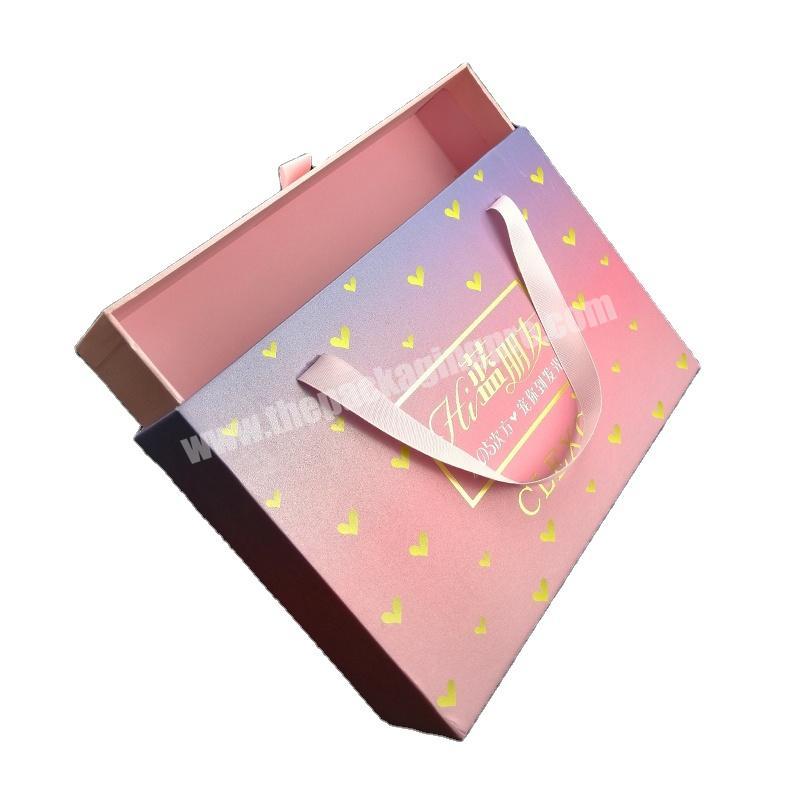 Customized Gold Foil Printing Paper Drawer Style Shoe Apparel Gift Packaging Box With Ribbon Handle