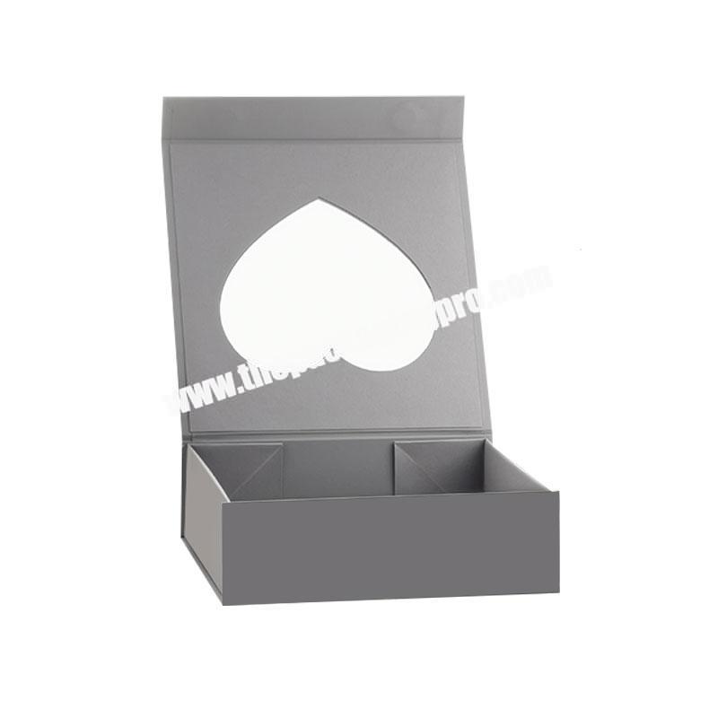 Customized grey magnetic foldable gift packaging box with heart shaped window