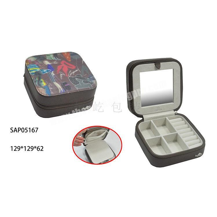 customized LOGO simple cute leatherette lady  cartoon jewel box organizer  leather mirror jewelry  case printed jewelry box