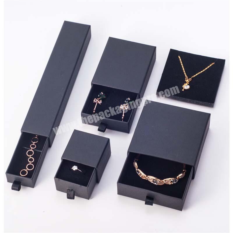 Customized luxury design logo printed black drawer folding plain paper gift cardboard box with ribbon for necklace Jewelry