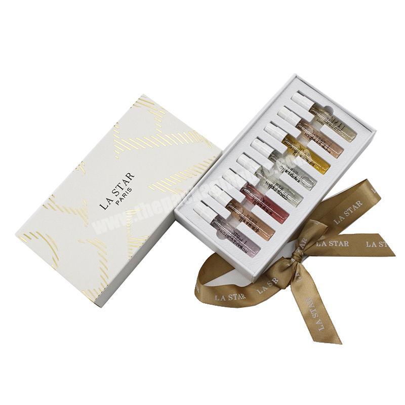 Customized luxury essential oil cardboard drawer perfume bottle packaging boxes with ribbon