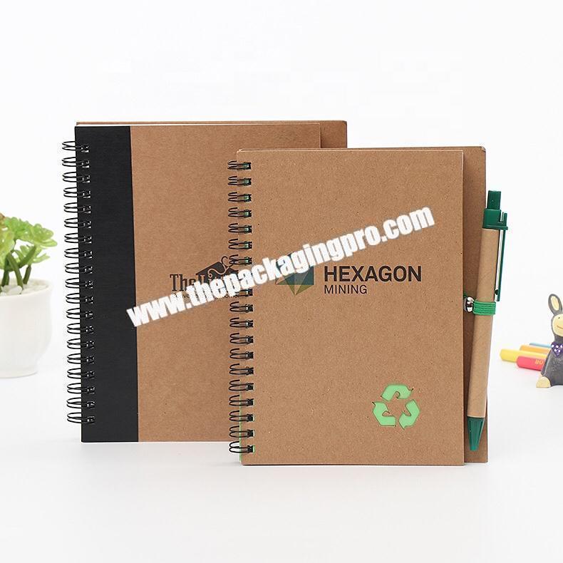 Customized Printed A4 A5 Eco Friendly Kraft Paper Cardboard Hardcover Journal Business Diary Coil Spiral Notebook With Pen Loop