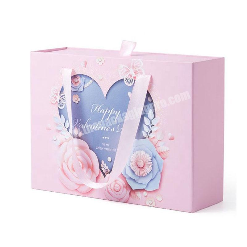 Customized Size Pink Color Paper Cardboard Sliding Drawer Gift Packaging Box With Ribbon Handles