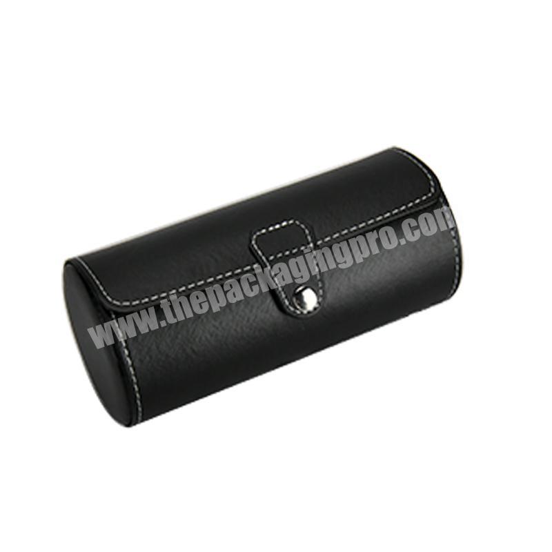 Customized Wholesale 3 Slot button close watch box PU Leather round cylinder gift box