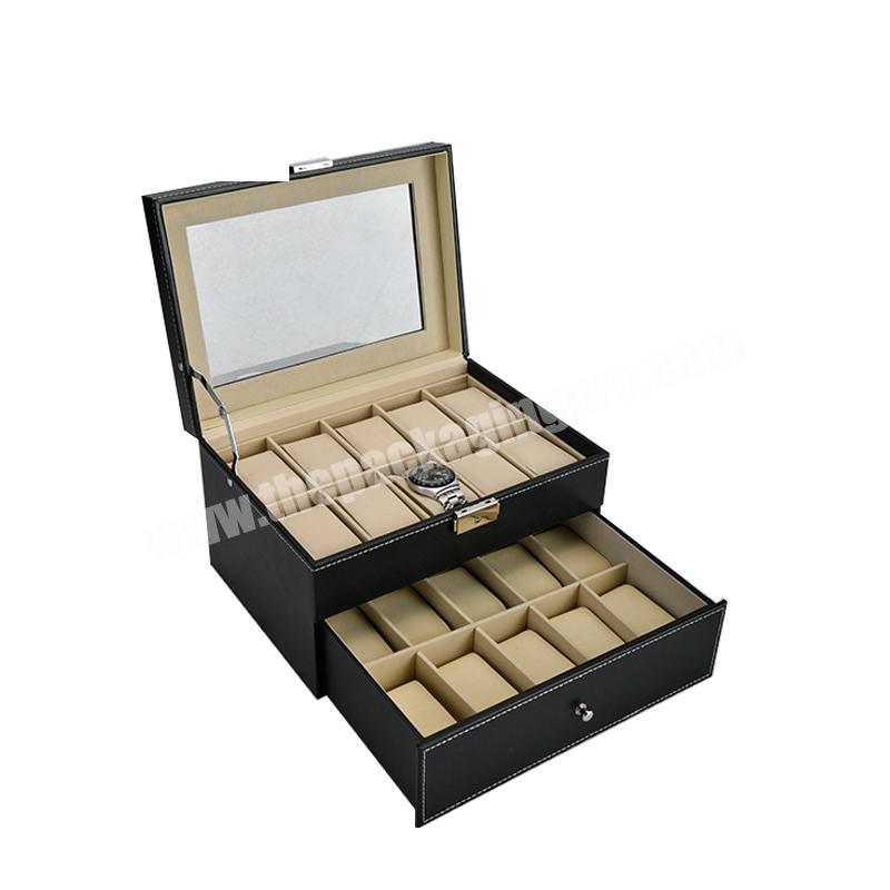 Display window 2 layers 20 slots large capacity black leather luxury watch box storage packaging box for men watch