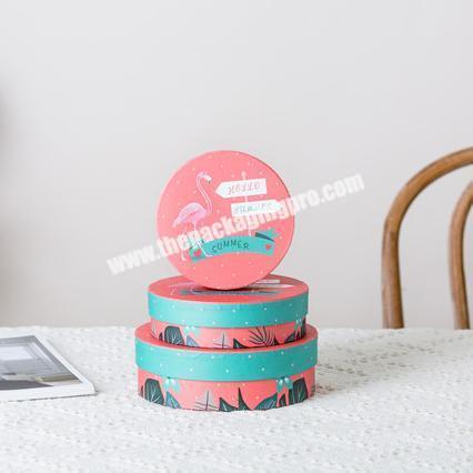 Eco-friendly exquisite 3sizes round flamingo pattern craft bulk paper gift box with custom logo