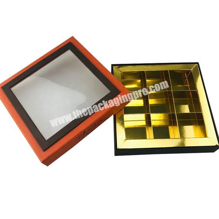 Eco-friendly orange and gold cardboard lid and base visible transparent window chocolate gift box candy box