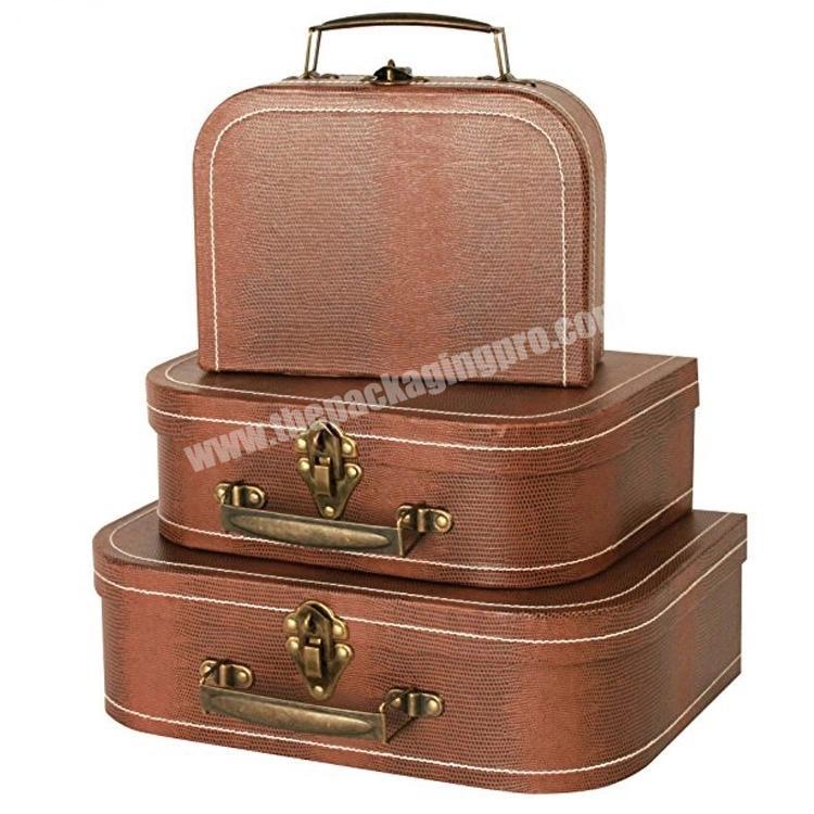 Eco-friendly Retro Hard Paper Gift Box Texture Paper Suitcase Gift Box Paperboard Brown Black Gift Box With Handles Lock