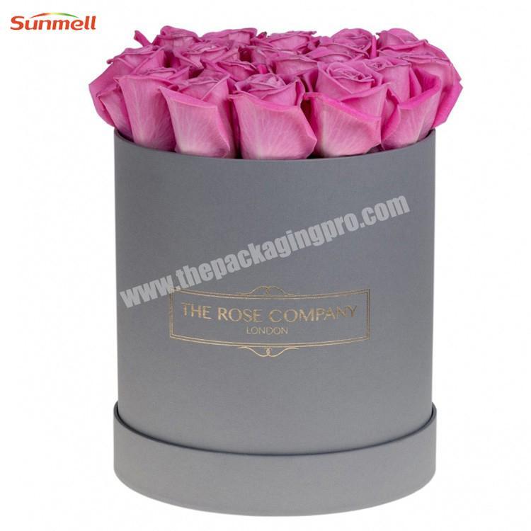 elegant grey color velvet round flower box with gold logo