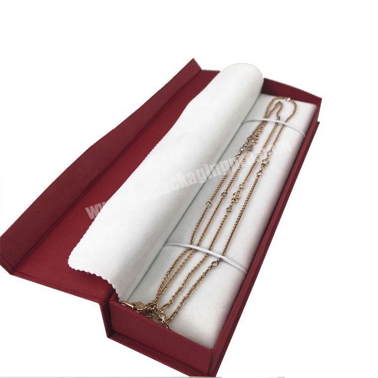 Embossing paper long magnetic irregular flap lid gold necklace box with velvet dust cover