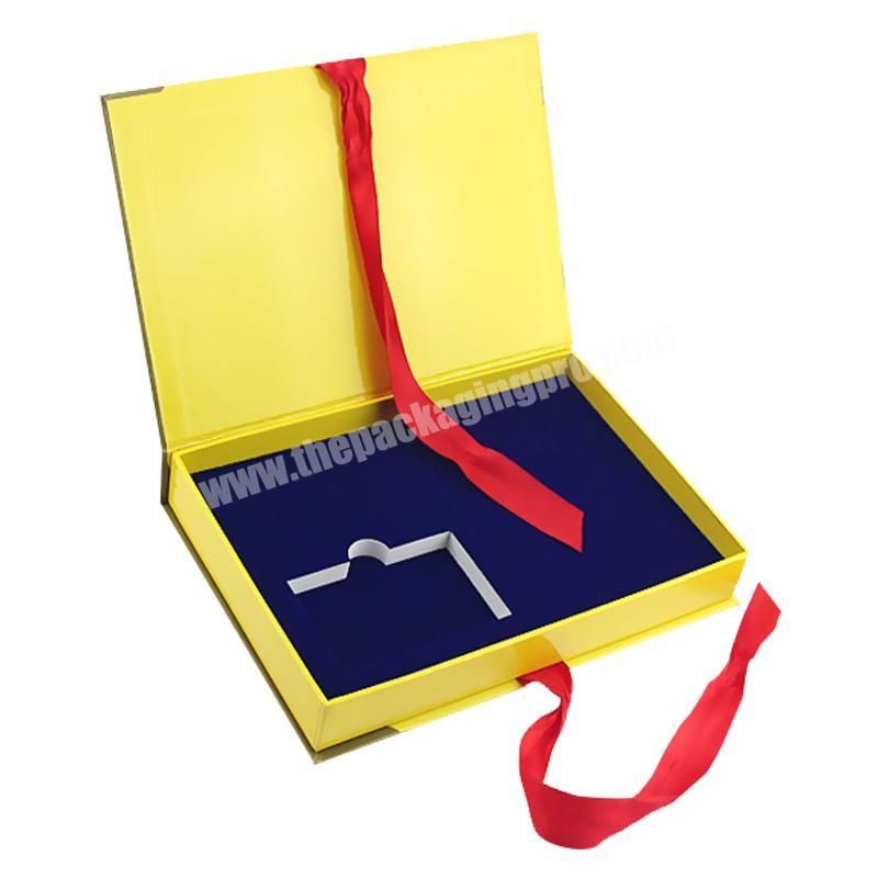 Factory Custom Yellow Paper Book Gift Box with White EVA and Ribbon