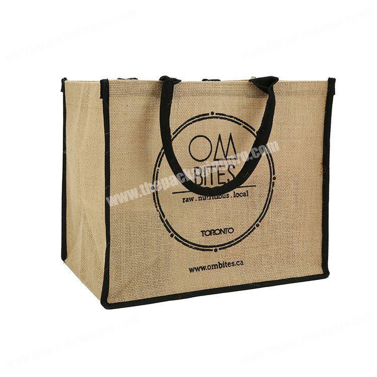 Factory sale OEM quality eco-friendly square bottom jute shopping bag with black round handle