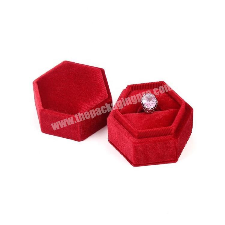 Factory Wholesale Logo Print Red Colors Vintage Ring Box Luxury Velvet Jewelry Packaging Hexagon Small Gift Boxes