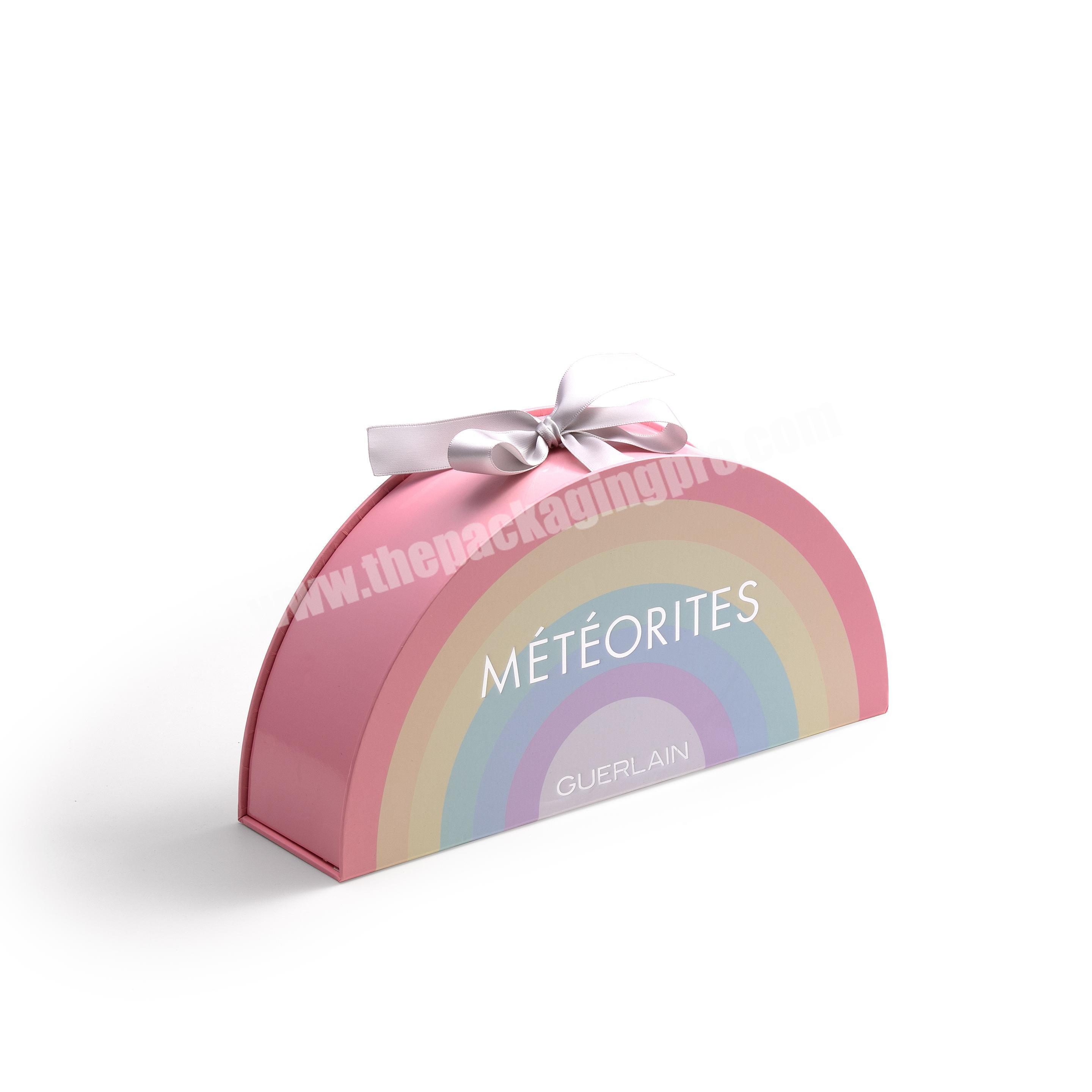 Fancy souvenir gift box custom rainbow cosmetic package with ribbon handle