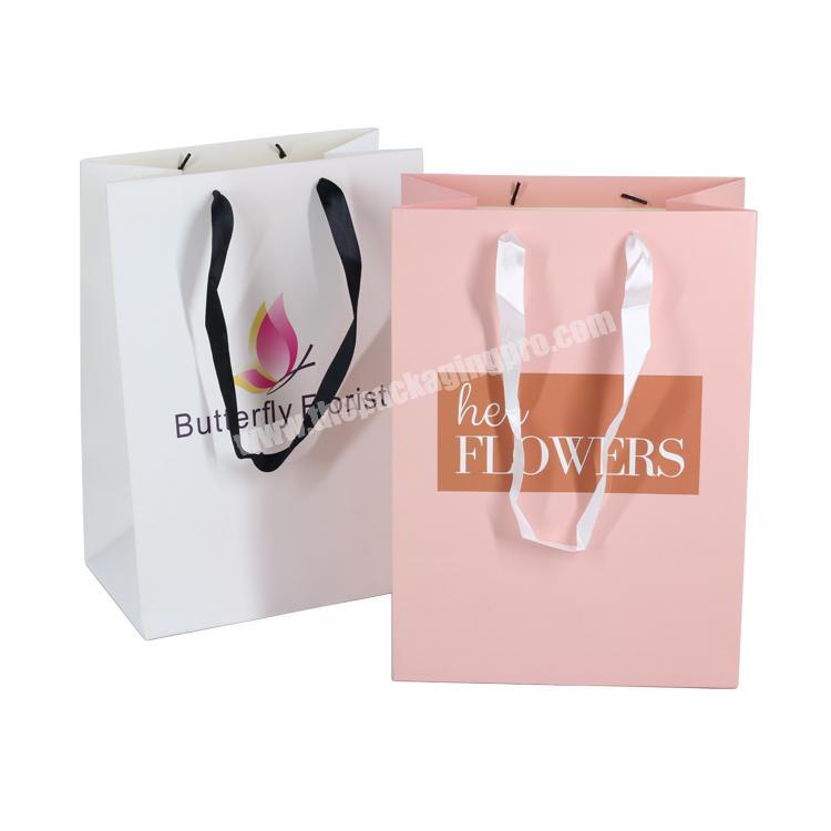 Fashion Style Custom White Matt Lamination Packaging  Gift Shopping Paper Custom Printed Bags With Ribbon