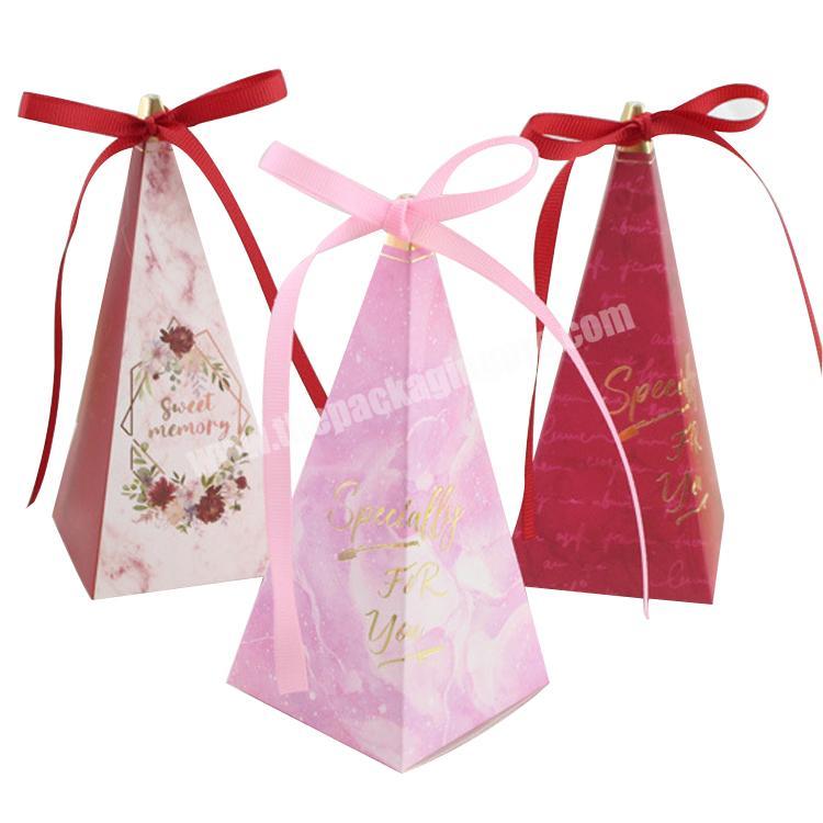 Fashion white card paper ribbon trigonal pyramidal pastry packaging sweets luxury box candy useful gift box