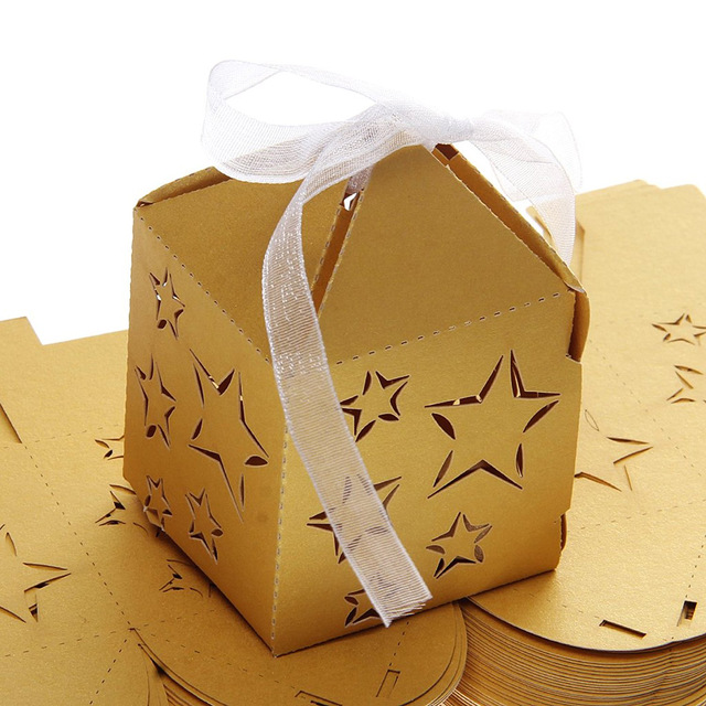 50PCS Happy Wedding Party Candy Box Laser Cut Favors Gift Paper Bag Box Ribbon 