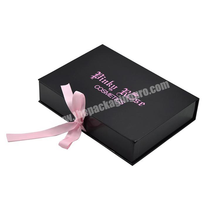 Free sample custom logo magnetic black skincare cardboard paper box with ribbon