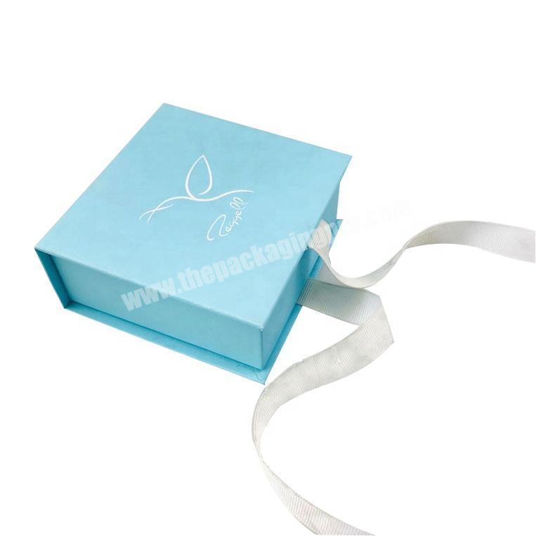 full printed  sky blue color paper flip flap magnetic box with ribbon for gift packaging