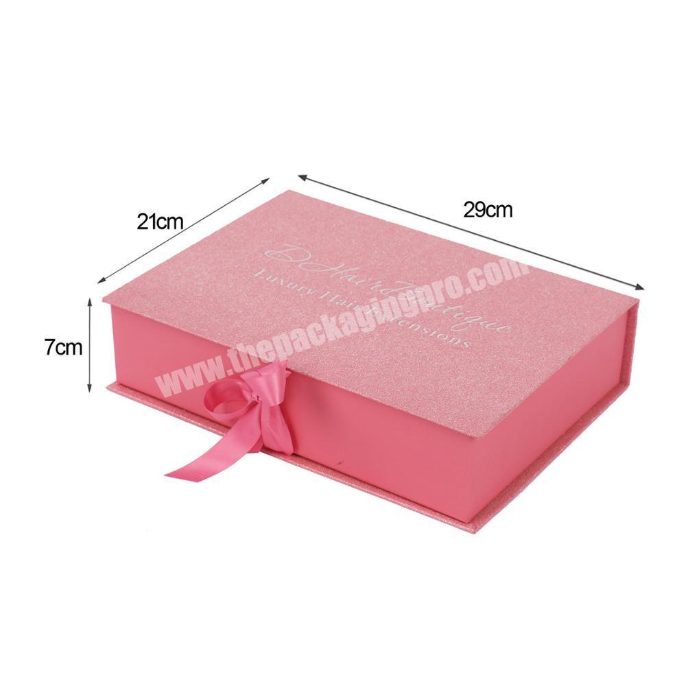 Glitter luxury cardboard hair extension packaging box with satin bag