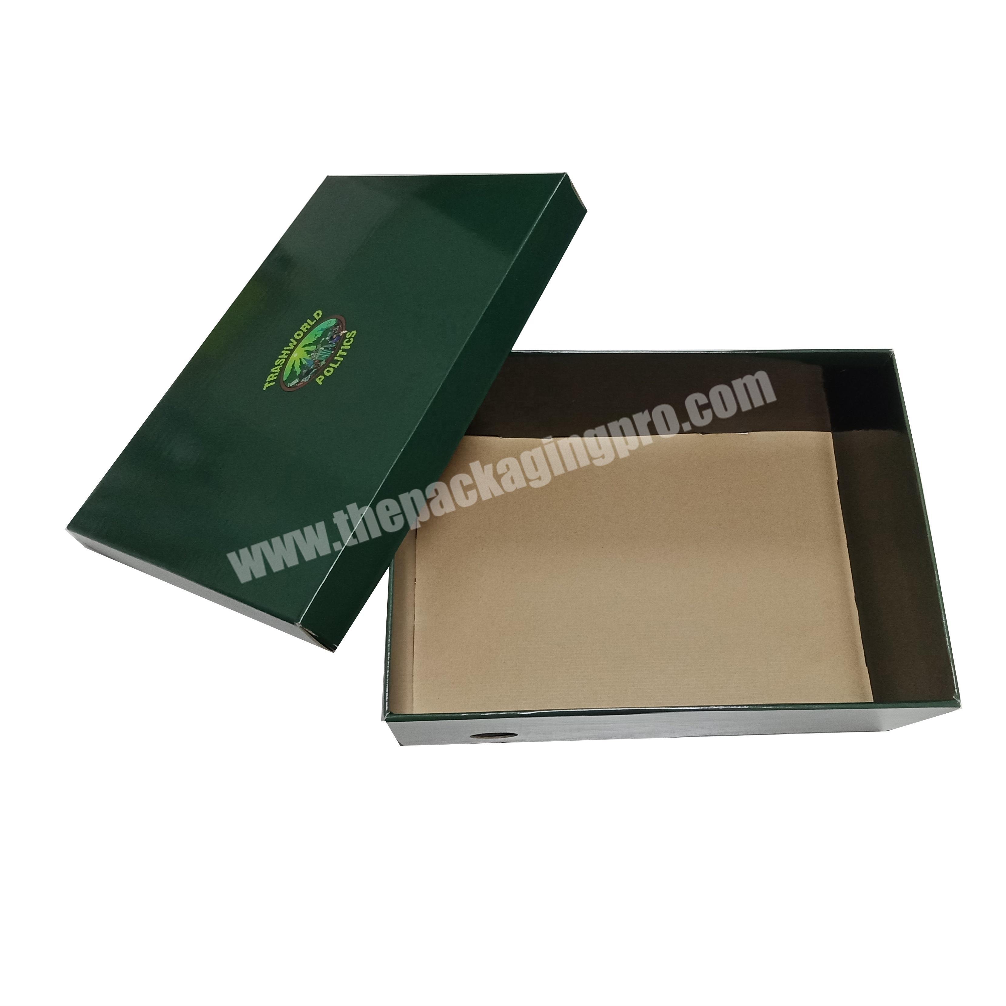 glossy green printed two pieces lid off corrugated cardboard shoe packaging box