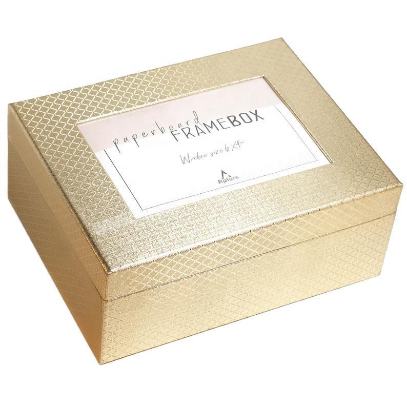 Gold check pattern personalized gift box with lid and PVC photo frame