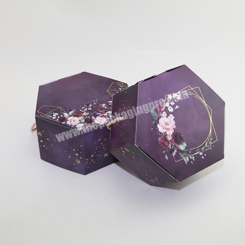Gold Foil Stamping Hexagon Carry Candy Food Box Packaging Purple Wedding Favor Gift Box