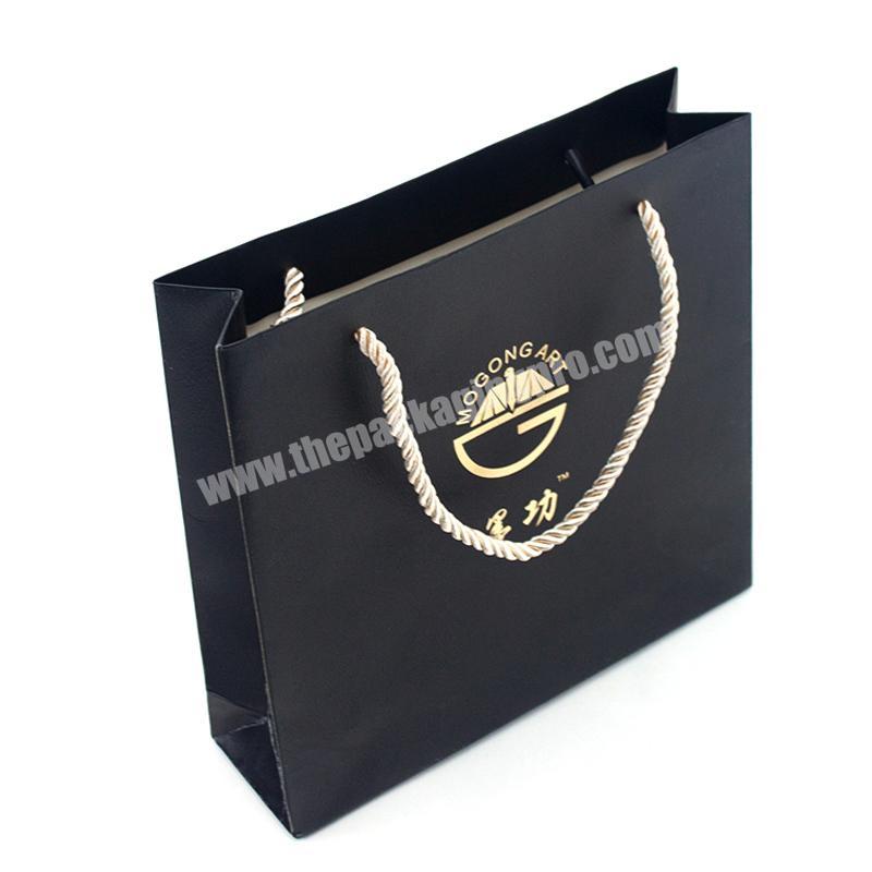 Gold Logo Paper Bag Hot Foil Stamping Black Matt Specialty Paper  Tote Bag With Cotton Rope Handles