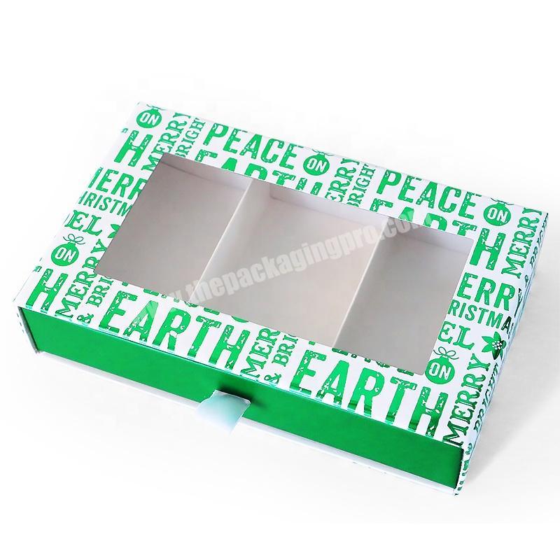 Green candy or soap packaging paper gift drawer box with clear PVC window