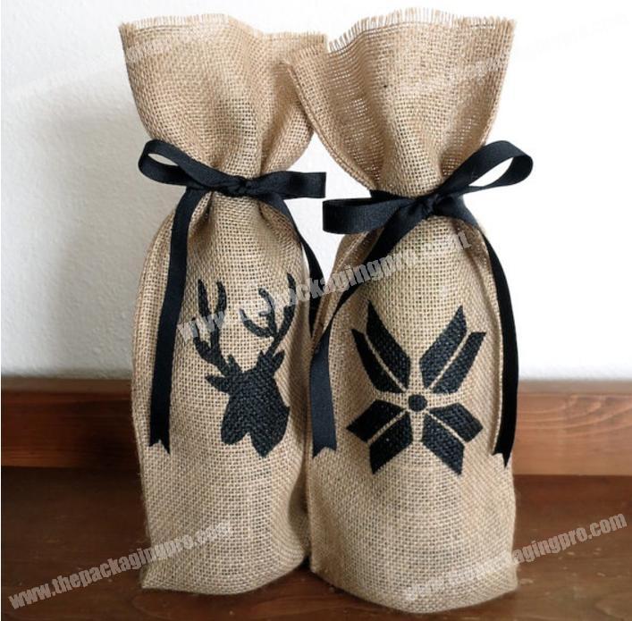 hand printed burlap christmas bags for wine packaging