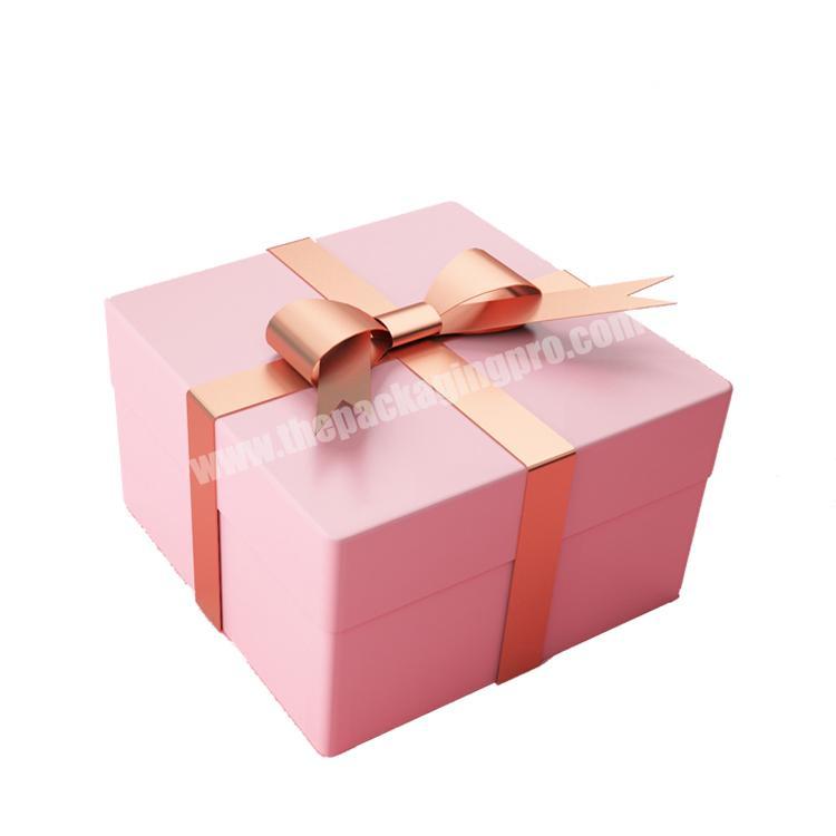 Handmade recyclable cardboard pink packaging paper premium gift box with ribbon