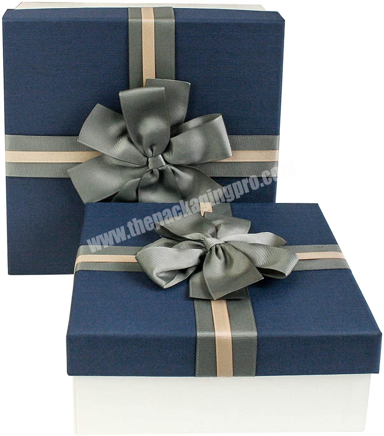 Hard luxury square gift box with cream stripe bow gift box with lid