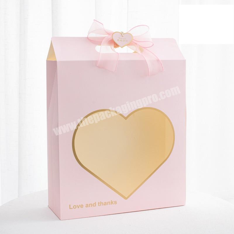 heart-shape clear window flower paper packaging  with carry -handle