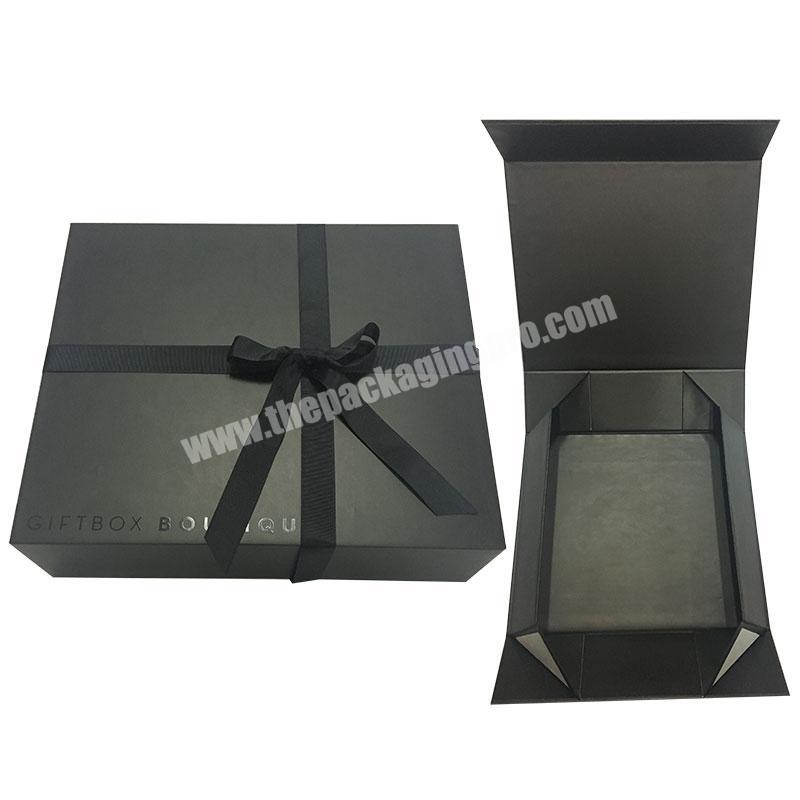 High End Custom Cardboard Packaging Black Foldable Gift Box wth Ribbon