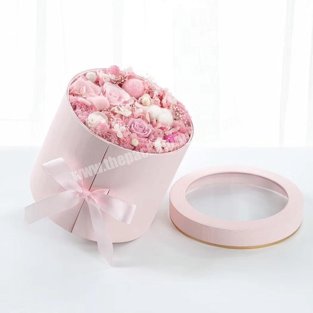 High-End Custom Flower_Boxes_For_Bouquets Caja Para Flores De Tres Piezas Custom Round Flower Packaging Hat Box With Pvc Window