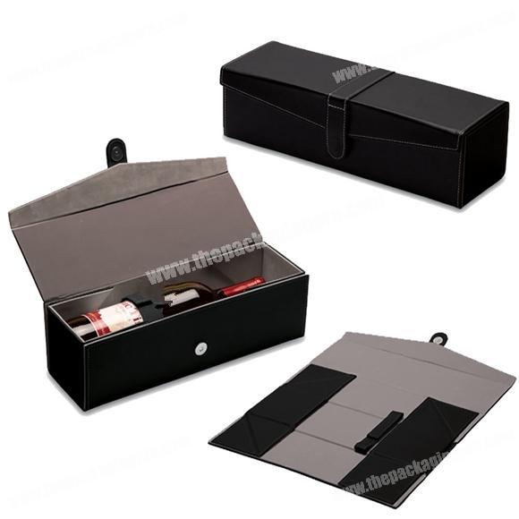 High end luxury black custom leather paper magnet close school pen wine bottle packaging  folding box