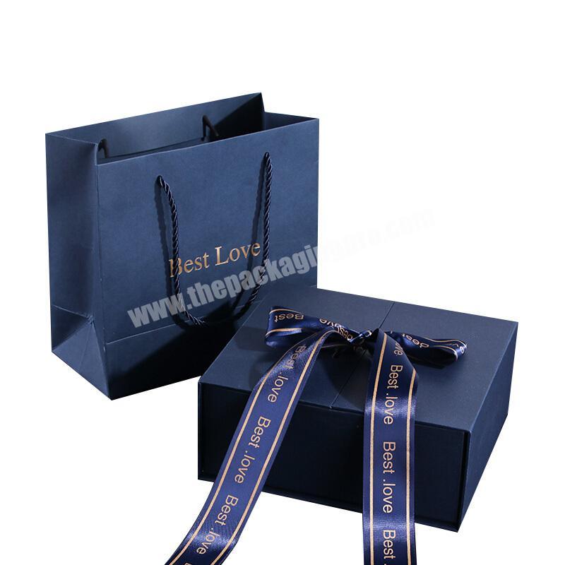 High End Luxury Dark Blue Color Double Open Hat Gift Hard Box Cardboard Gold Power Print Custom Garment Boxes With Silk Rope