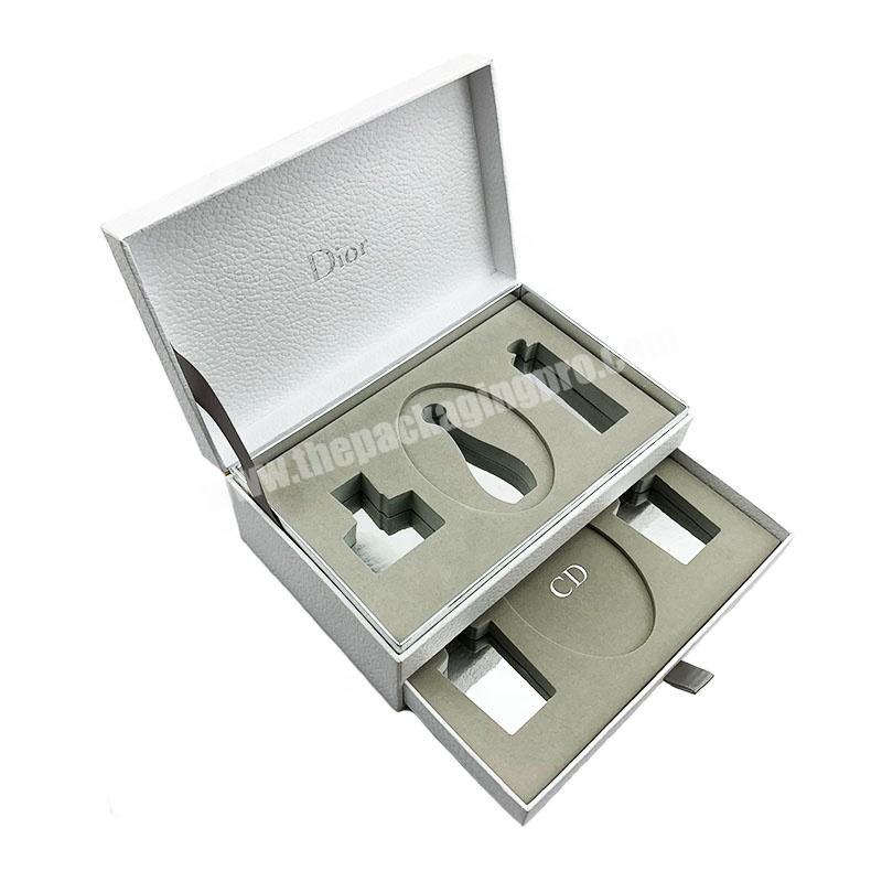 High-end White PU Leather Made Paper Cosmetic Gift Packaging Drawer Box For Perfume Set And Makeup