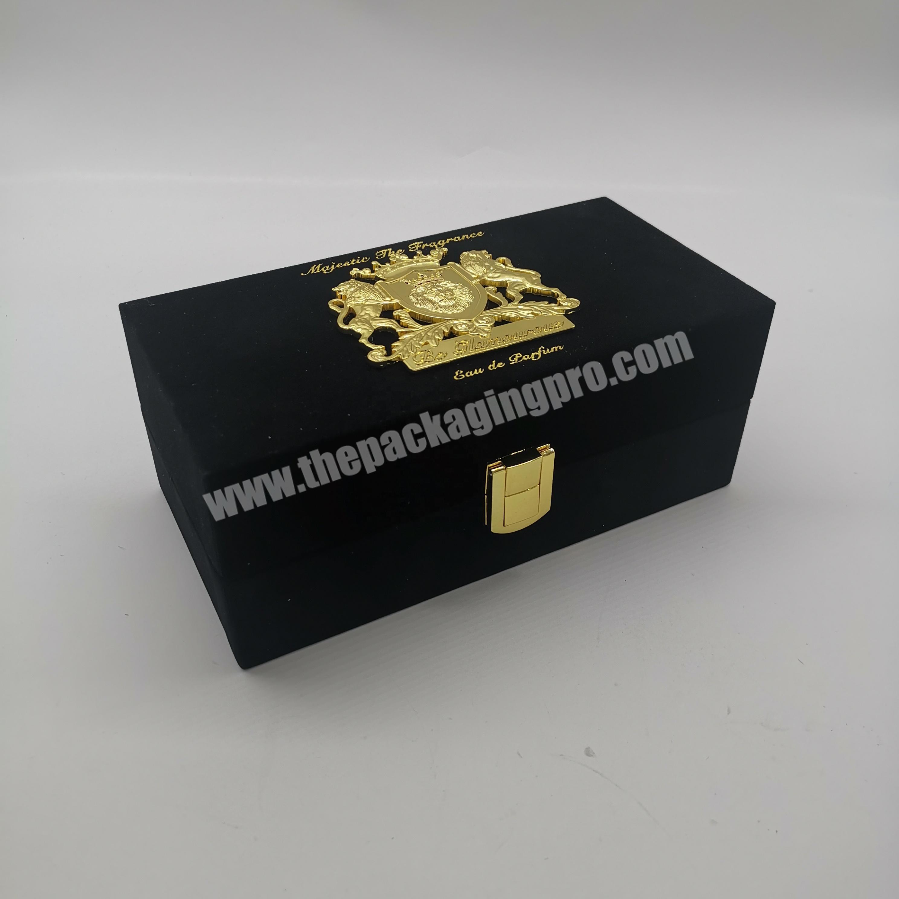 high grade black velvet perfume clamshell packing box with 3D plate and golden lock