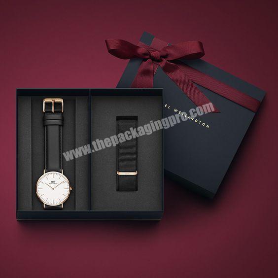 High Quality Cardboard Rectangle Black Luxury Paper Watch Packaging Box Empty Paper Flat Empty Ribbon Watch Gift Box For Men
