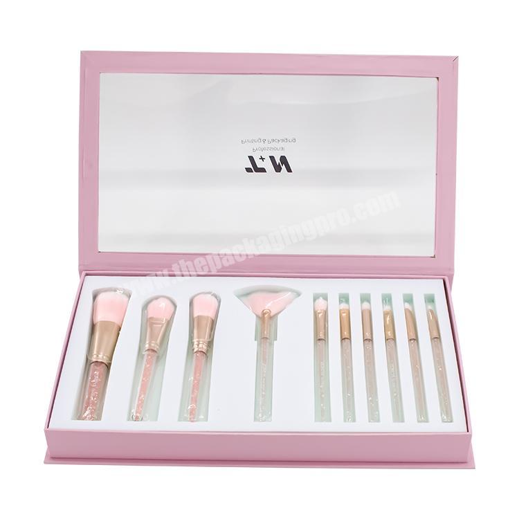 High quality Clear Window Pink Color Cosmetic Makeup Brushes Packaging Box Custom