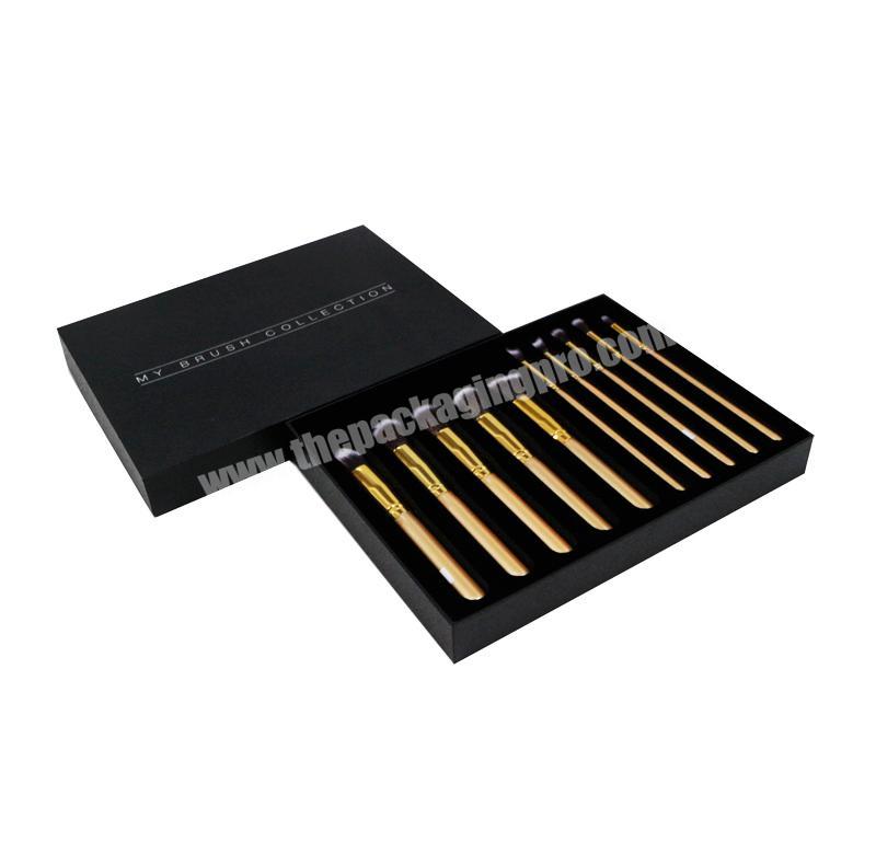 High quality customized silver foil logo black texure paper gift box makeup brushes packaging