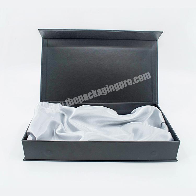 High quality matt black white logo cardboard magnetic book box for wig packaging lined with satin inlay