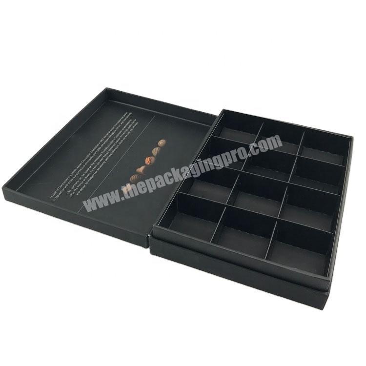 Hinged clamshell black 12PCS dark chocolate box with paper compartment