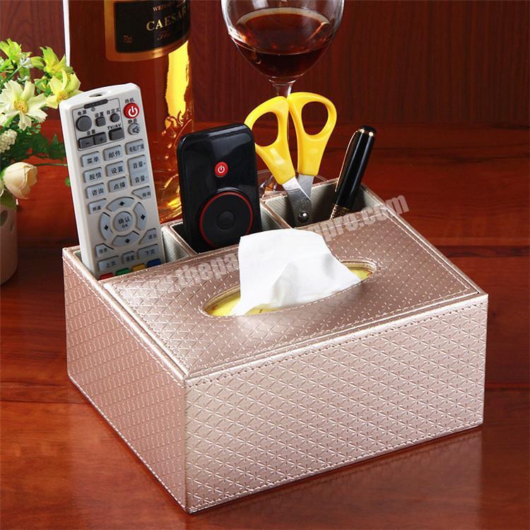 Hot selling hign-end rose gold color rectangle shape leather tissue boxes with pen holder