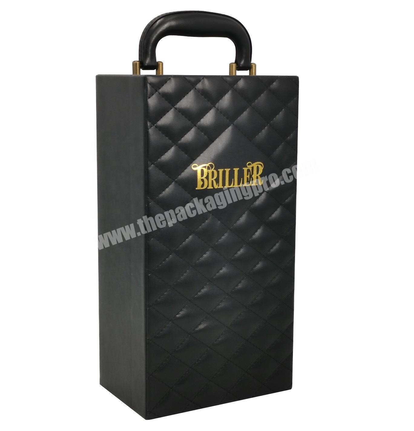 Hot Stamping Black PU Leather Packaging Box with Thread for Single Wine Bottle