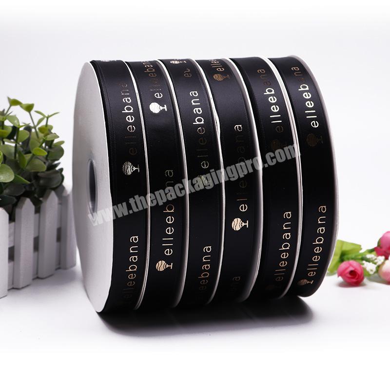 Hot Stamping Gold Foil with Logo Printed 2cm Gift Wrapping Custom Black Satin Decoration Ribbon